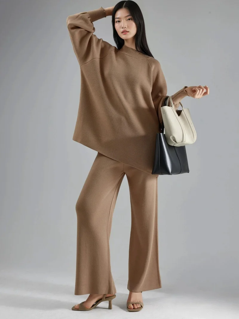 My Fashion Camel Brown MY FASHION Loose Fit Sweater & Pants Knit Co-ord Set for Women | Best Price UAE